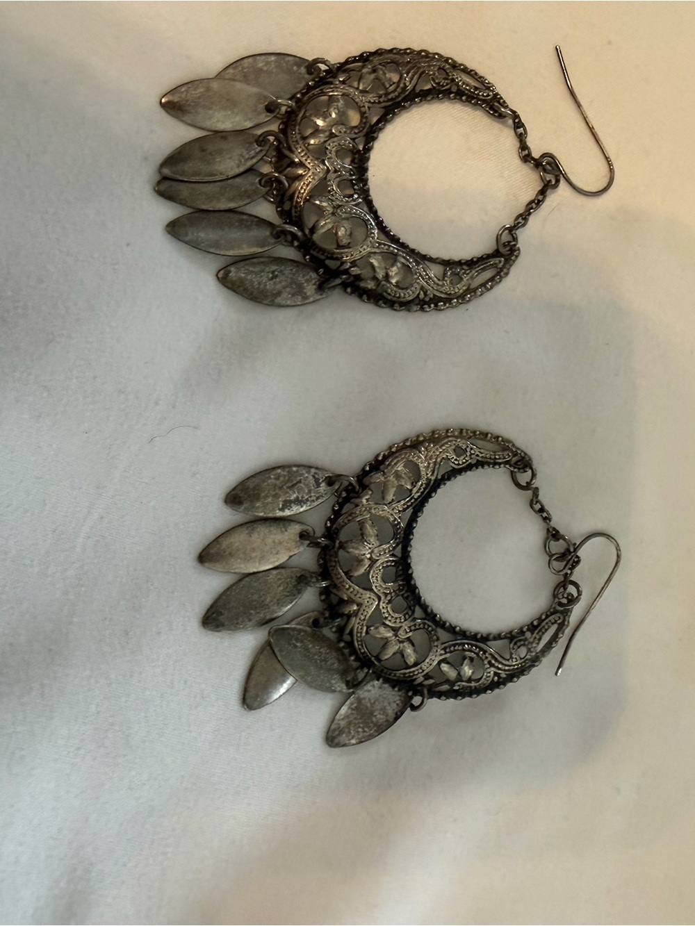 Bohemian Filigree Dangle Earrings in Antiqued Silver - Unbranded